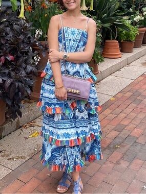 FARM Rio Blue and White Tiered Midi Dress with Multicolor ruffles